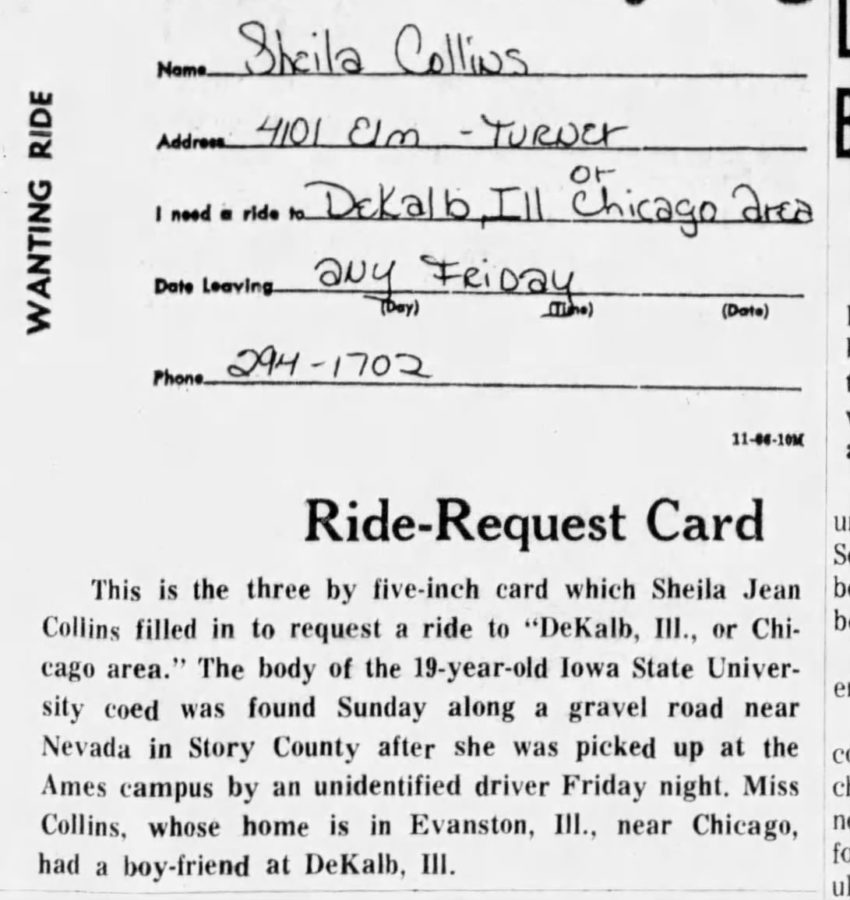 Sheila filled out a ride-request card in the hopes of getting a ride home for the weekend. 