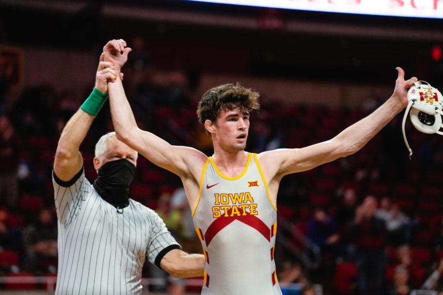 Redshirt senior Jarrett Degen wins against California State Bakersfields Josh Brown by technical fall in the Cyclones 44-0 win over the Roadrunners on Jan. 12 in Hilton Coliseum.