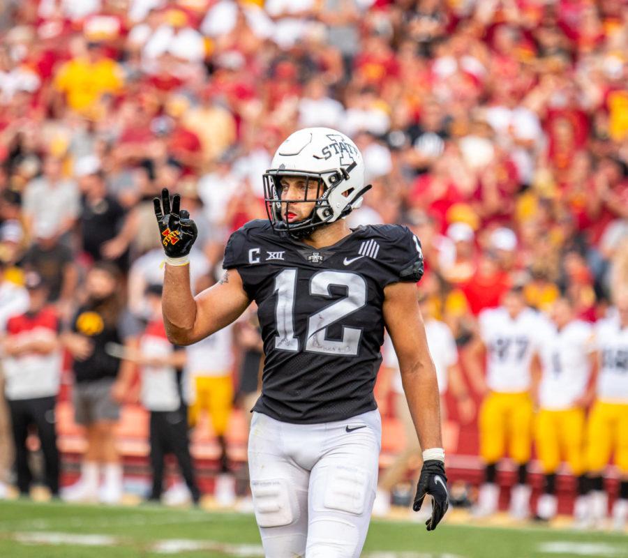 Iowa+State+safety+Greg+Eisworth+signals+for+third+down+in+the+Cyclones+game+against+the+Iowa+Hawkeyes+on+Sept.+11%2C+2021.