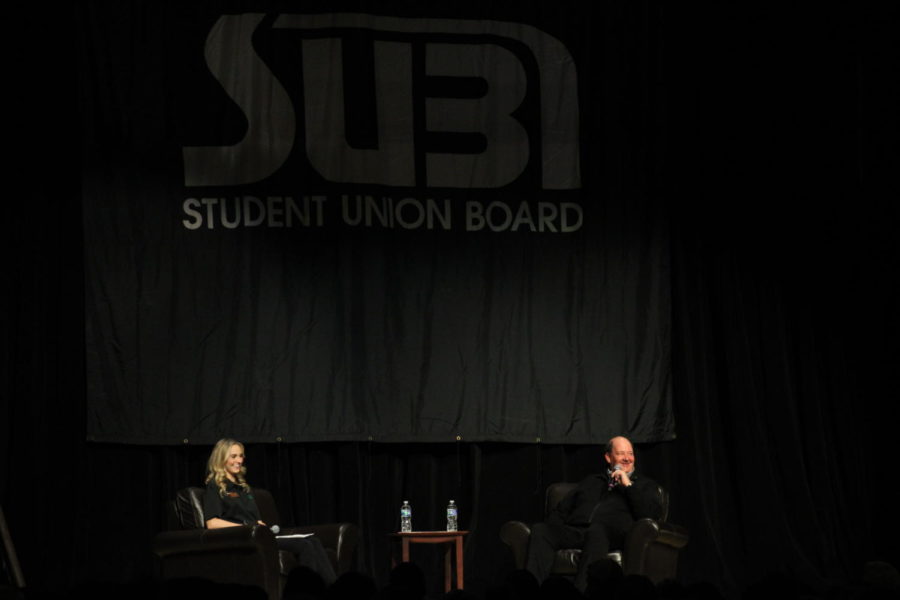 Brian Baumgartner and Student Union Board President Brooklin Border at the Q&A session at Iowa State AfterDark event in the Memorial Union. 