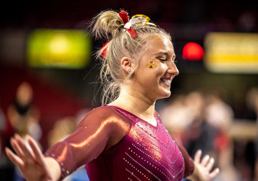 Iowa State junior Laura Cooke competes in the floor exercise against the University of Nebraska on Jan. 7. 