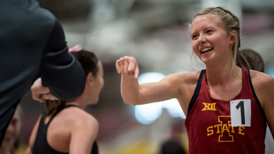 Cailie+Logue+smiles+during+the+Cyclone+Invite+on+Jan+23%2C+2021+inside+Lied+Recreation+Athletic+Center.+%28Photo+courtesy+of+Luke+Lu%2FIowa+State+Athletics%29