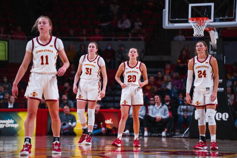 Iowa State womens basketball players get ready for the next play against Northern Iowa on Dec. 12.