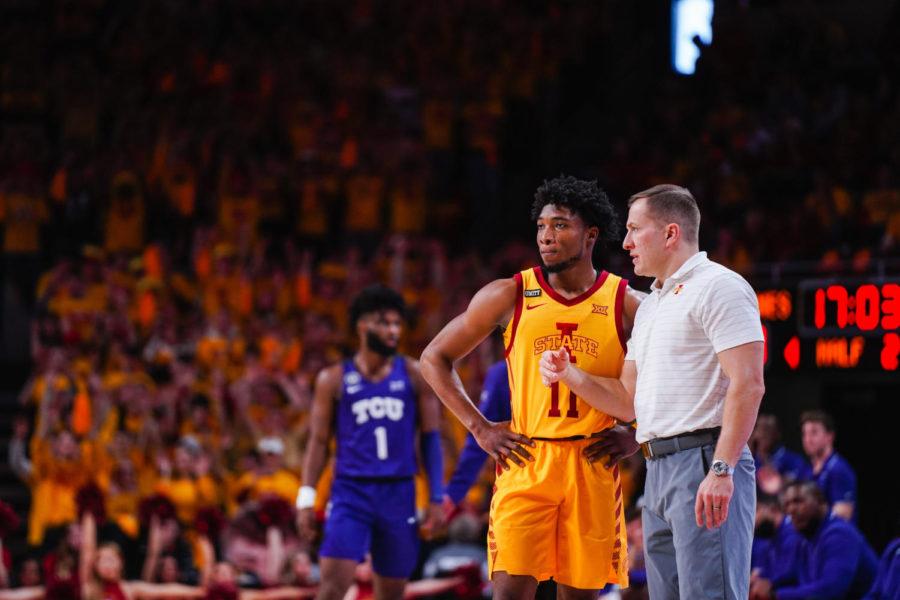 Tyrese Hunter talks with T.J. Otzelberger during the Cyclones 59–44 loss to TCU on Jan. 22.