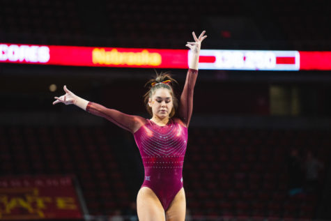 Iowa State senior Ana Palacios competes in the beam event during the Cyclones gymnastics meet against the University of Nebraska on Jan. 7.
