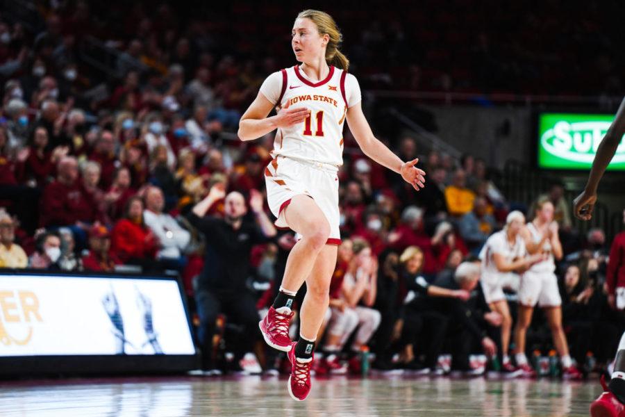 Iowa+State+point+guard+Emily+Ryan+celebrates+after+a+made+shot+in+the+Cyclones+77-62+win+over+Kansas+on+Jan.+26.