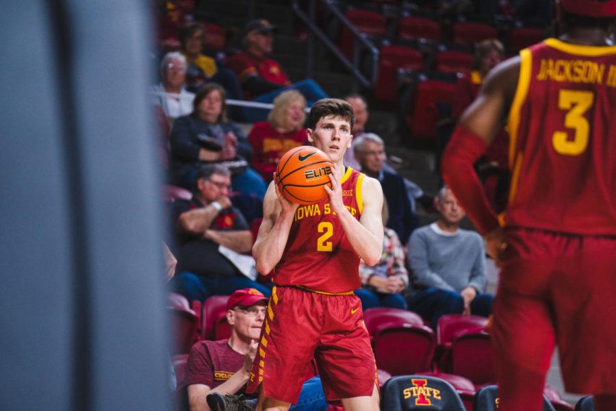 Iowa State guard Calbe Grill looks to pass the ball to a teammate in the Cyclones season opener against Kennesaw State on Nov. 9.