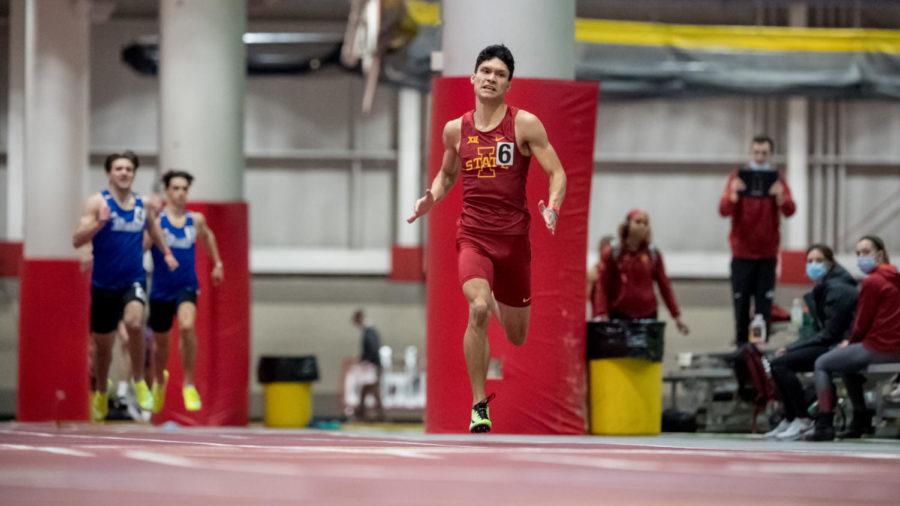 Joven Nelson competes in the 4x400 meter relay event at the Cyclone Invite on Jan 23. (Photo courtesy of Luke Lu/Iowa State Athletics)