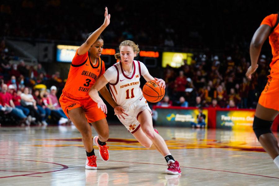 Iowa+State+guard+Emily+Ryan+drives+past+an+Oklahoma+State+defender+in+the+Cyclones+76-58+win+on+Feb.+5.