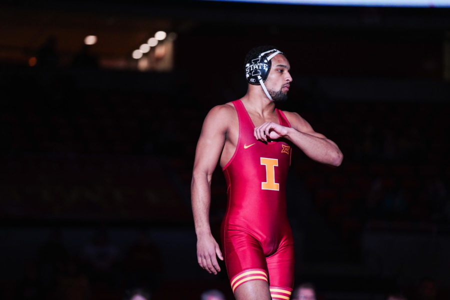 Iowa State redshirt senior Marcus Coleman is introduced before his match against DJ Parker of North Dakota State on Jan. 23.