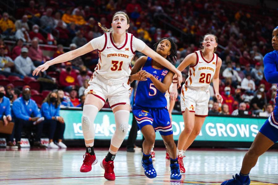 Iowa State forward Morgan Kane boxes out for a rebound in the Cyclones 77-62 win over Kansas on Jan. 26.
