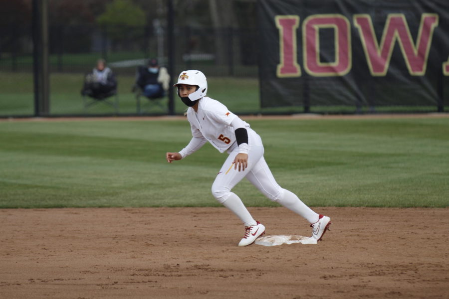 Alesia Ranches getting ready to lead off second base. Iowa State loses 9–5 in their first game of three. 