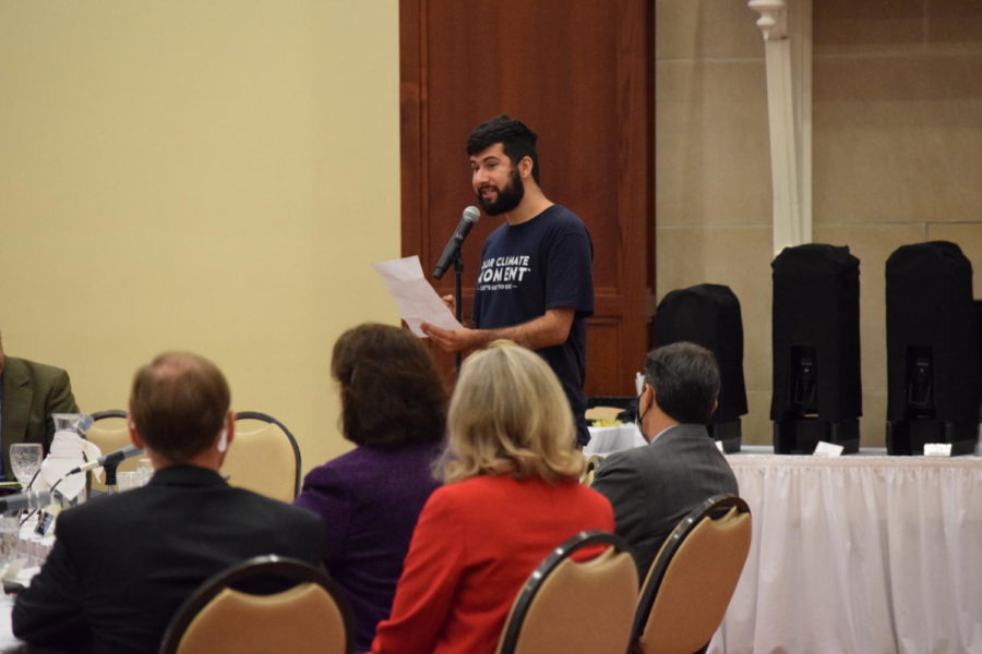 Hector Arbuckle, a senior in biology, spoke about clean energy at a Board of Regents meeting in September. Arbuckle is one of the student representatives for the Ames Climate Action Plan. 