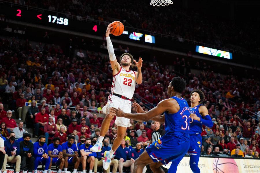 Gabe Kalscheur attempts a lay-up against the Kansas Jayhawks in Iowa States 70-61 loss in Hilton Coliseum on Feb. 1, 2022.