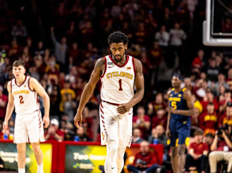 Iowa State guard Izaiah Brockington stares down a West Virginia player during the Cyclones' 84-81 win over the Mountaineers on Feb. 23.