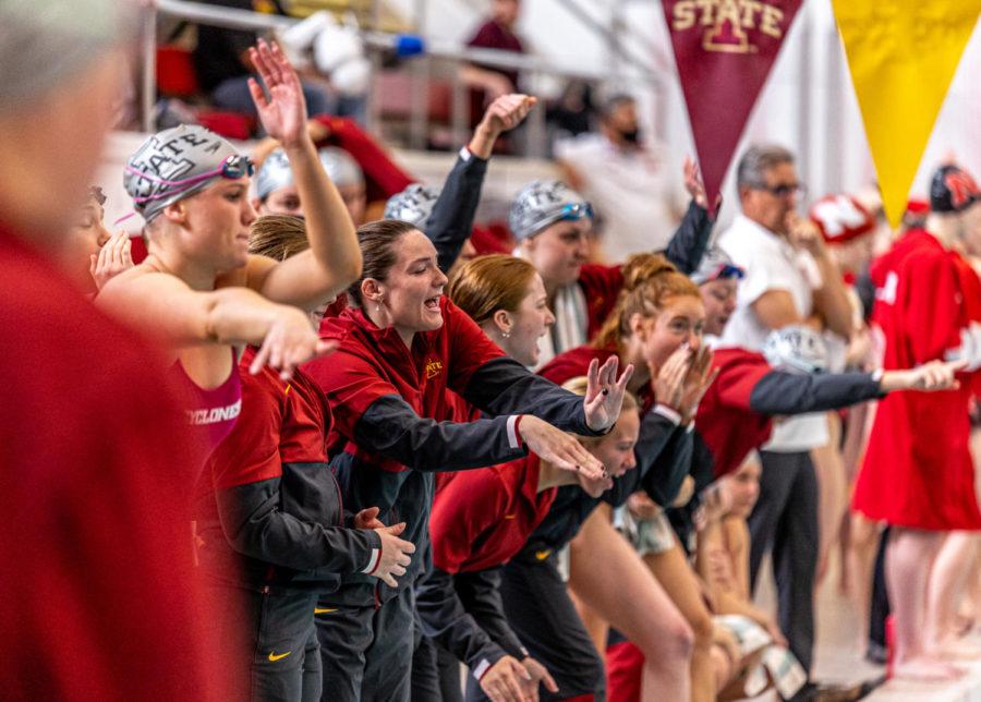 The+Iowa+State+swim+and+dive+team+cheered+on+their+teammates+during+the+meet+against+the+University+of+Nebraska+on+Oct.+30%2C+2021.