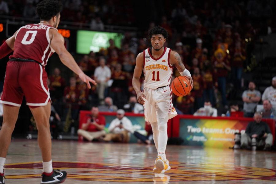 Iowa State guard Tyrese Hunter moves up-court against Oklahoma on Feb. 19