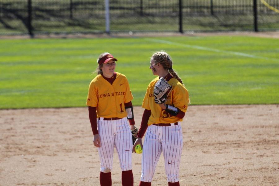 Iowa+State+utility+player+Carli+Spelhaug+%28left%29+talks+with+her+sister+Ellie+Spelhaug+%28right%29+as+Iowa+State+plays+the+University+of+Oklahoma+on+March+28+at+the+Cyclone+Sports+Complex.