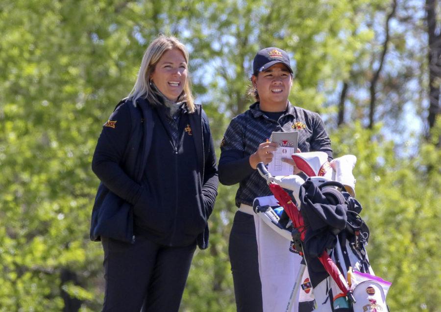 Taglao Jeeravivitaporn stands next to Iowa State womens golf Head Coach Christie Martens at the 2019 Big 12 Womens Golf Championship on April 14, 2019.
