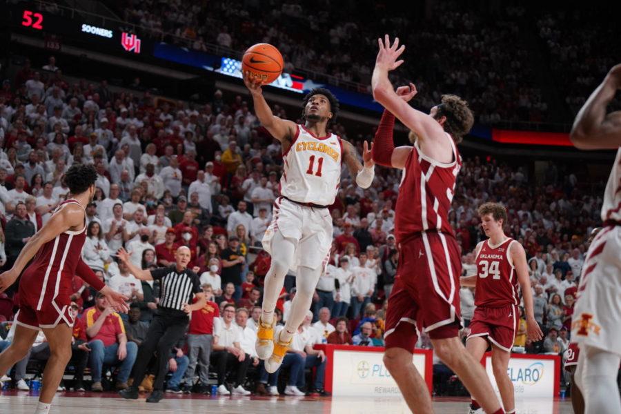 Iowa State guard Tyrese Hunter goes up for a layup against Oklahoma on Feb. 19
