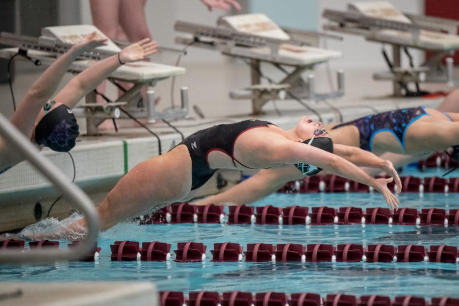 Iowa State senior Emily Haan competes in the 100-meter backstroke against TCU on Jan. 14. (Photo courtesy of Luke Lu/Iowa State Athletics communications)