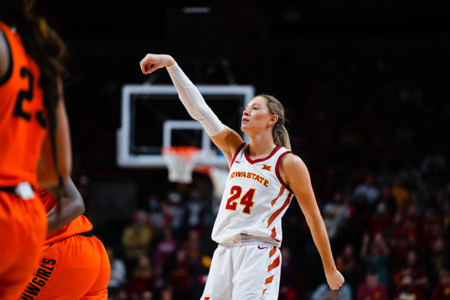 Ashley Joens watches her shot attempt in the Cyclones 76-58 win over Oklahoma State on Feb. 5.