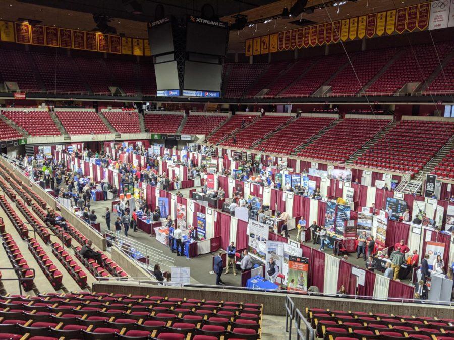 Hilton+Coliseum+was+filled+with+booths+of+potential+employers+and+students+searching+for+internships+and+career+opportunities+Tuesday+afternoon.