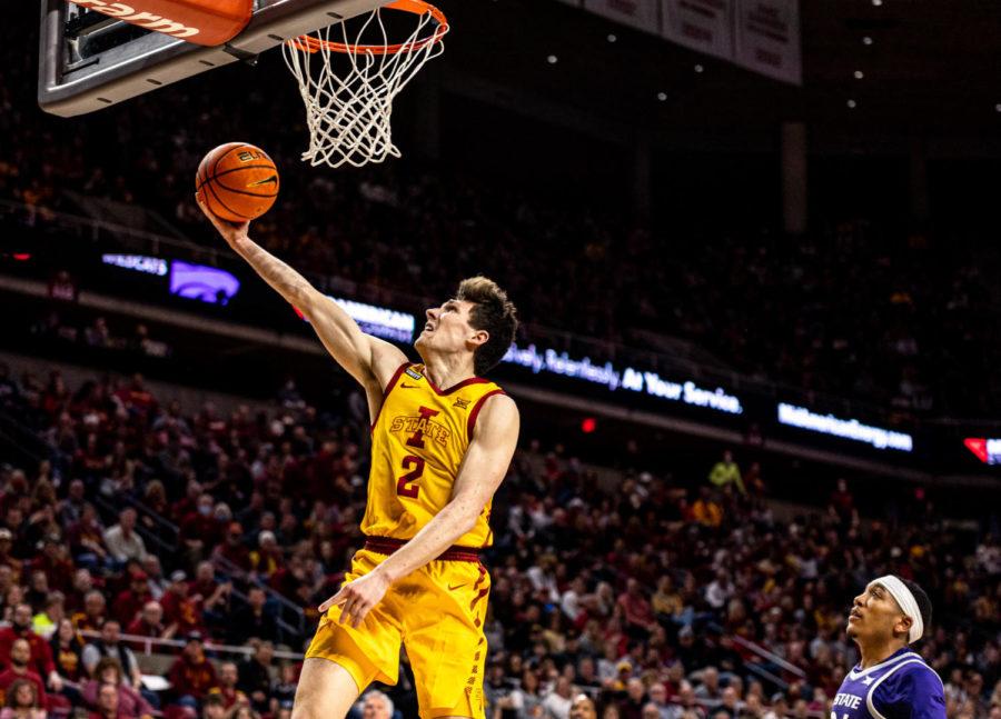 Iowa State guard Caleb Grill scores on a fast-break layup in the Cyclones win over Kansas State on Feb. 12.