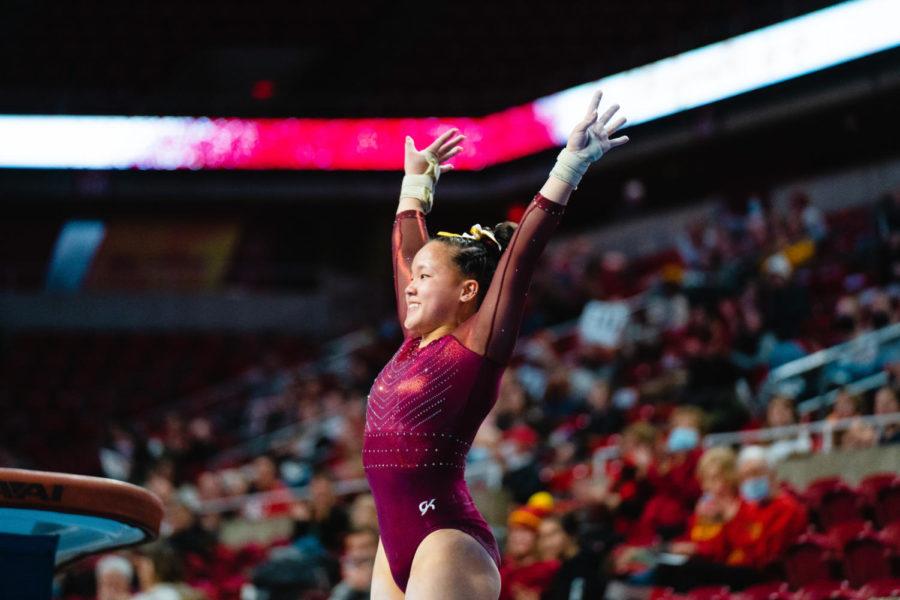 Iowa State freshman Hannah Loyim competes in the vault event in the Cyclones gymnastics meet against Nebraska on Jan. 7.