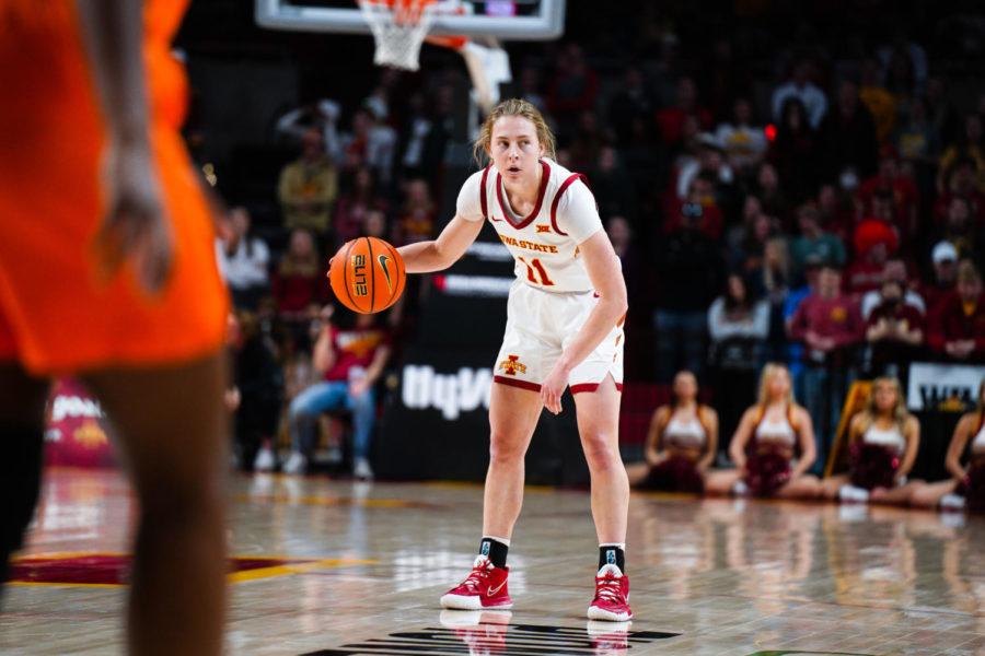 Iowa State guard Emily Ryan surveys the court in the Cyclones 76-58 win Feb. 5.