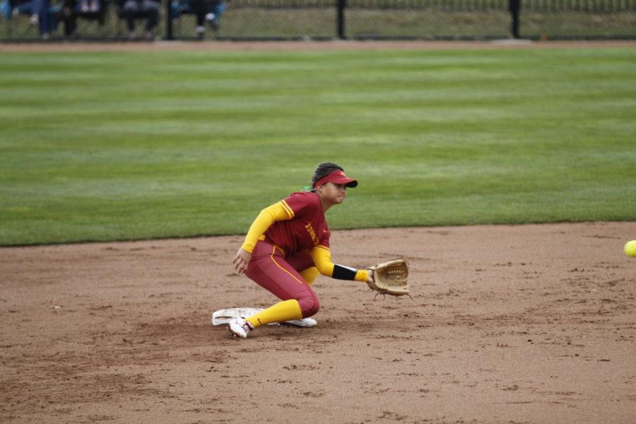 Iowa State utility player Alesia Ranches gets ready to make a tag in Iowa States game against the University of Oklahoma on March 27. 