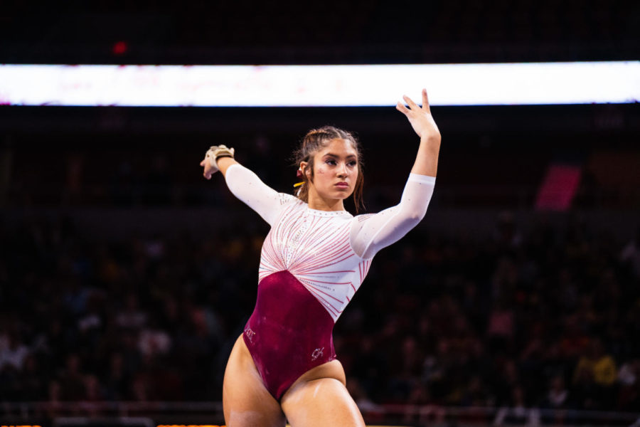 Iowa+State+senior+Alondra+Maldonado+competes+in+the+beam+event+during+the+Cyclones+gymnastics+meet+against+the+University+of+Iowa+on+March+4%2C+2022.
