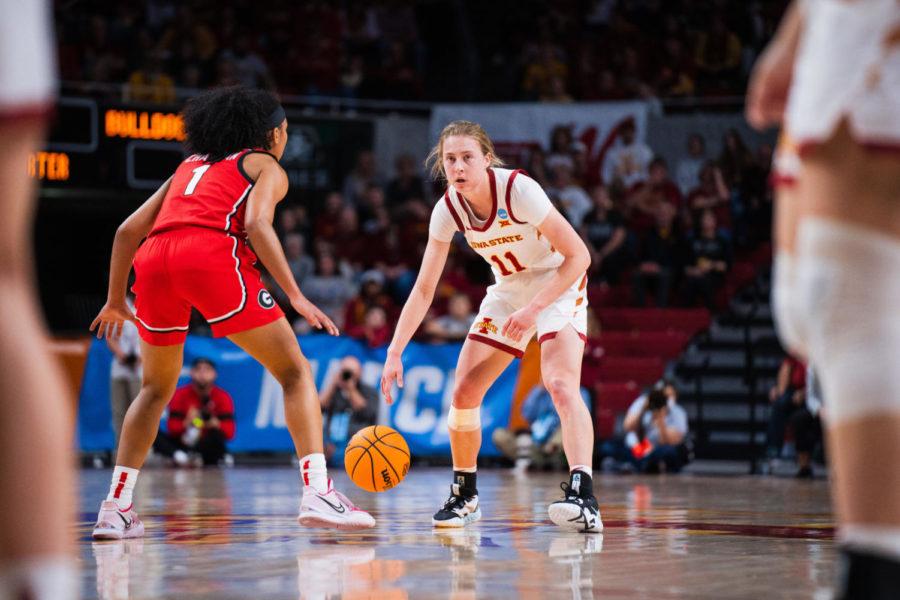 Emily Ryan dribbles the ball while waiting for her team to get into formation during the Cyclones second round game against No.6 Georgia on March 20th, 2022.