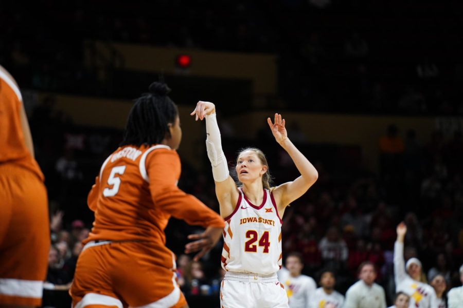 Ashley Joens shoots a three-pointer in the Cyclones 82-79 loss to the University of Texas on March 12 in the 2022 Big 12 Championship semifinals in Kansas City, Mo.