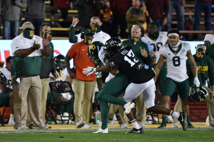 Iowa State defensive back Tayvonn Kyle makes a tackle against Baylor Saturday. Iowa State won 38-31.