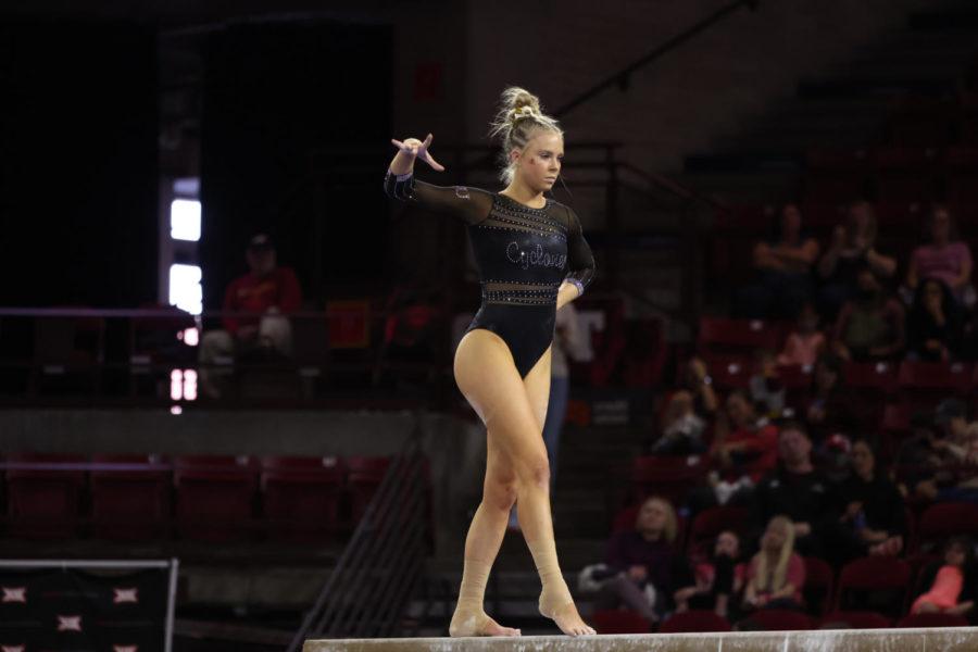 Iowa State gymnast Sophia Steinmeyer performs on the balance beam at the 2022 Big 12 Gymnastics Championships on March 19 in Denver, Colo. Steinmeyer scored a 9.775 on the beam. (Photo courtesy of Ethan Mito/Clarkson Creative Photography)