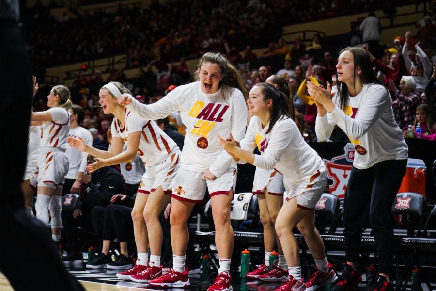 (From left to right:) Iowa State womens basketball players Maggie Espenmiller-McGraw, Maddie Frederick, Mary Kate King and Denae Fritz celebrate after an Iowa State basket on March 11 in the first round of the 2022 Big 12 Championship.