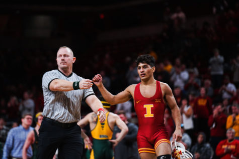 Kysen Terukina wins his match 8-3 over North Dakota States Lucas Rodriguez in the Cyclones 26-9 victory over the Bison on Jan. 23, 2022.