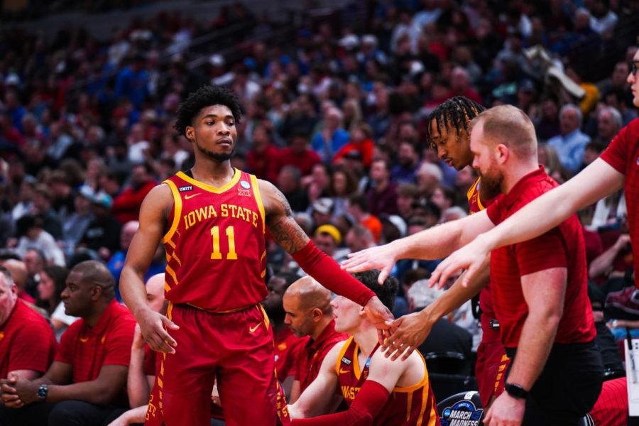 Iowa State guard Tyrese Hunter walks back to the bench during Iowa States 70-56 loss to the Miami Hurricanes in the Sweet 16 on March 25 in Chicago, Ill.