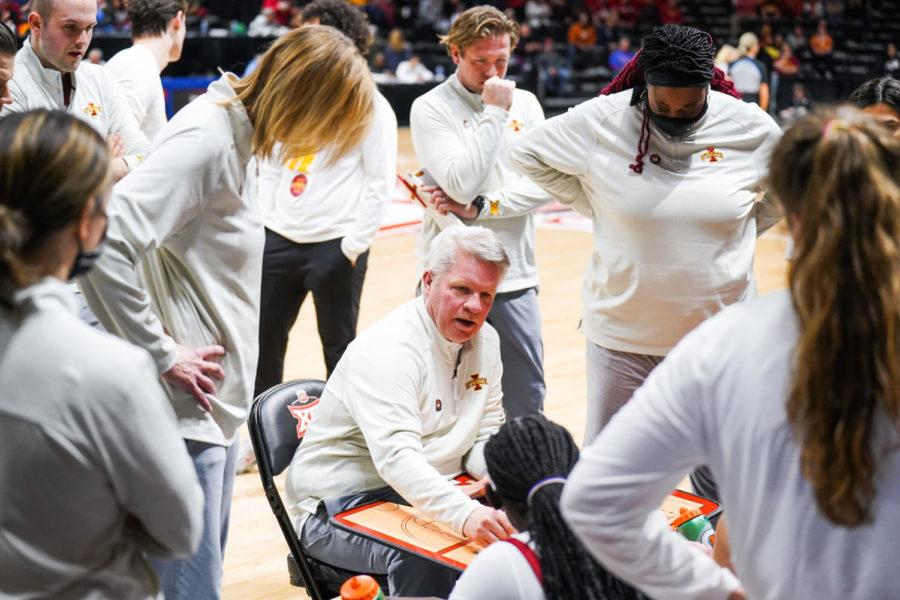 Bill Fennelly draws up a play for his team at the Big 12 Tournament on March 12 in Kansas City, Mo. The Cyclones lost to Texas 82-73.