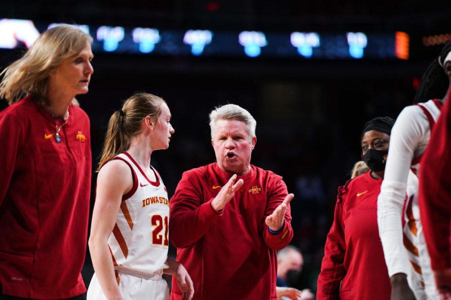 Lexi Donarski talks to Iowa State Head Coach Bill Fennelly during the Cyclones 78-71 win over UT Arlington in the first round of the NCAA Tournament on March 18 in Hilton Coliseum.