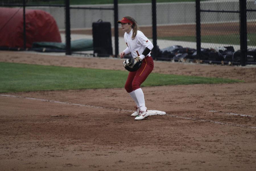 Iowa State sophomore Carli Spelhaug waits for a throw on first base.