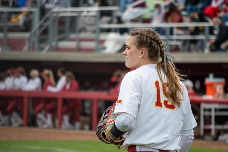 Iowa State outfielder Lea Nelson looks out to the field during Iowa State softballs game vs the Texas Longhorns on April 9, 2021.