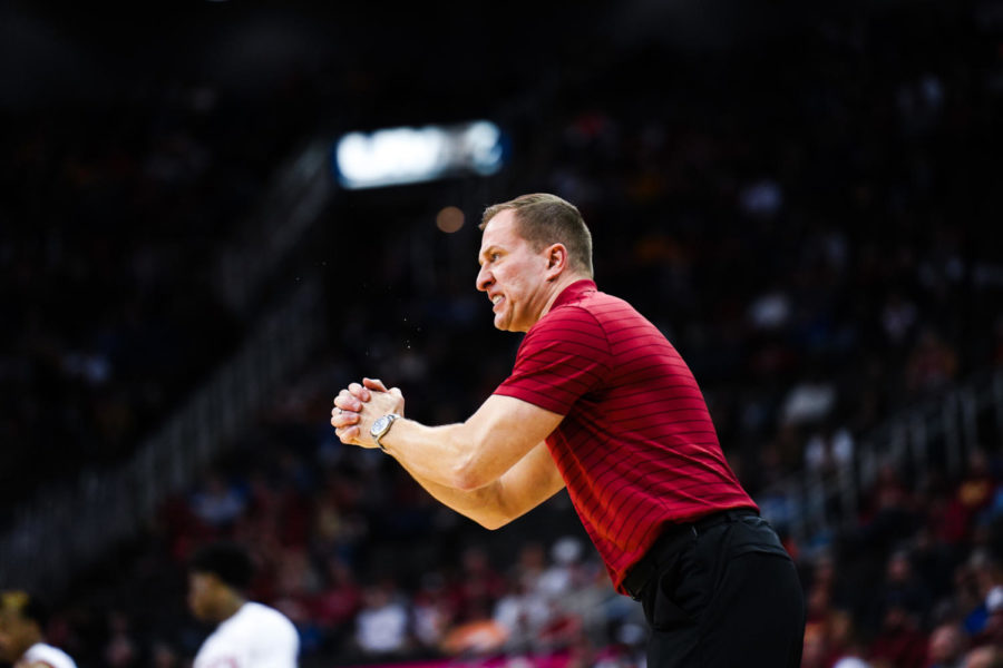 Iowa State Head Coach T.J. Otzelberger yells instructions to the Cyclones during their 72-41 loss on March 10 to Texas Tech at the Big 12 Mens Basketball Championship.
