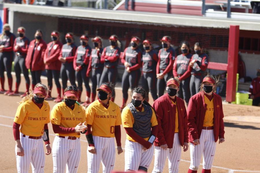 Iowa State softball players lineup pregame before their game against Oklahoma on March 28 at the Cyclone Sports Complex.