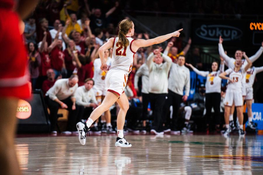 Lexi Donarski runs to the opposite side of the court after scoring a three during the Cyclones 67–44 win against No. 6 Georgia. 