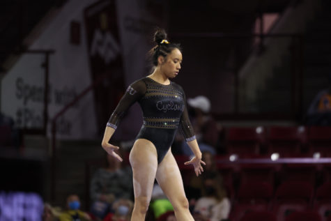 Iowa State junior Loganne Basuel competes on the balance beam at the 2022 Big 12 Gymnastics Championships on March 19 in Denver, Colo. (Photo courtesy of Ethan Mito/Clarkson Creative Photography)