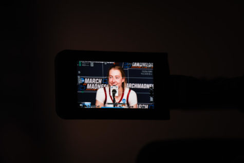 Video camera monitor view of Emily Ryan in the post game interview after 67-44 win over Georgia, March 20th, 2022. 