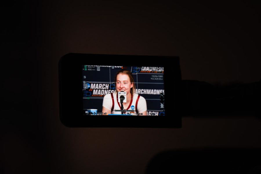 Video+camera+monitor+view+of+Emily+Ryan+in+the+post+game+interview+after+67-44+win+over+Georgia%2C+March+20th%2C+2022.%C2%A0