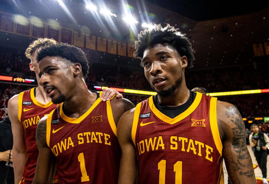 Iowa State guards Tyrese Hunter and Izaiah Brockington walk off the court after the Cycones 73-53 win over Iowa on Dec. 10. 